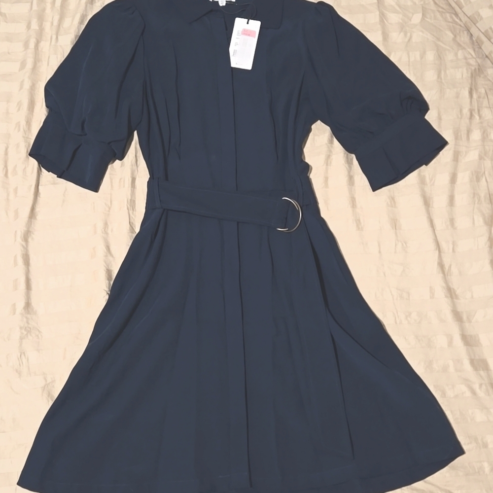 A Loves A navy button-down, collar,  puff shirt sleeve belted dress size XS NWT